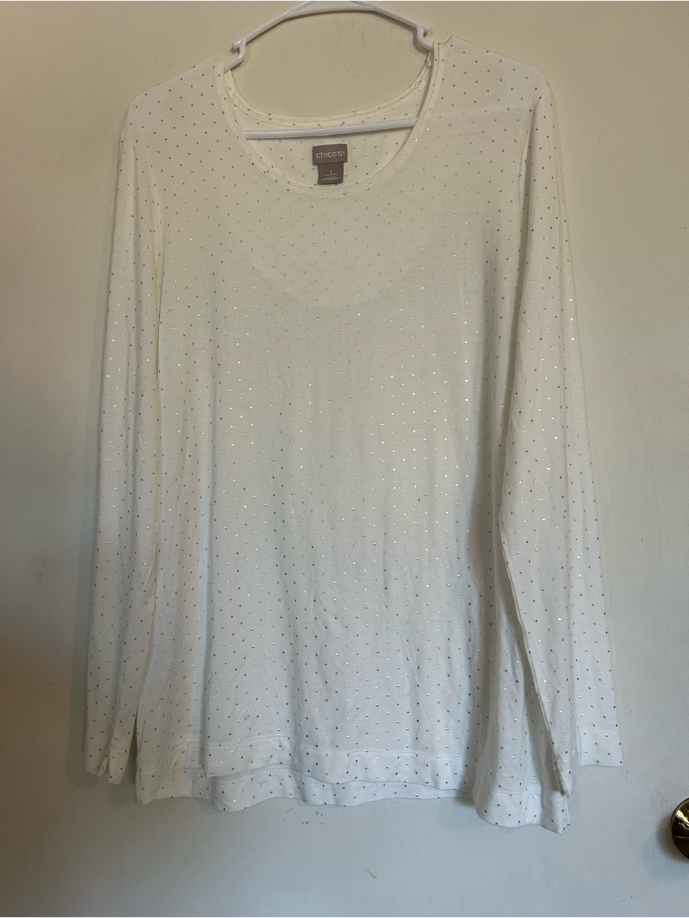 chico's Size 2 (Large) white, long sleeve top, silver metallic polkadots
